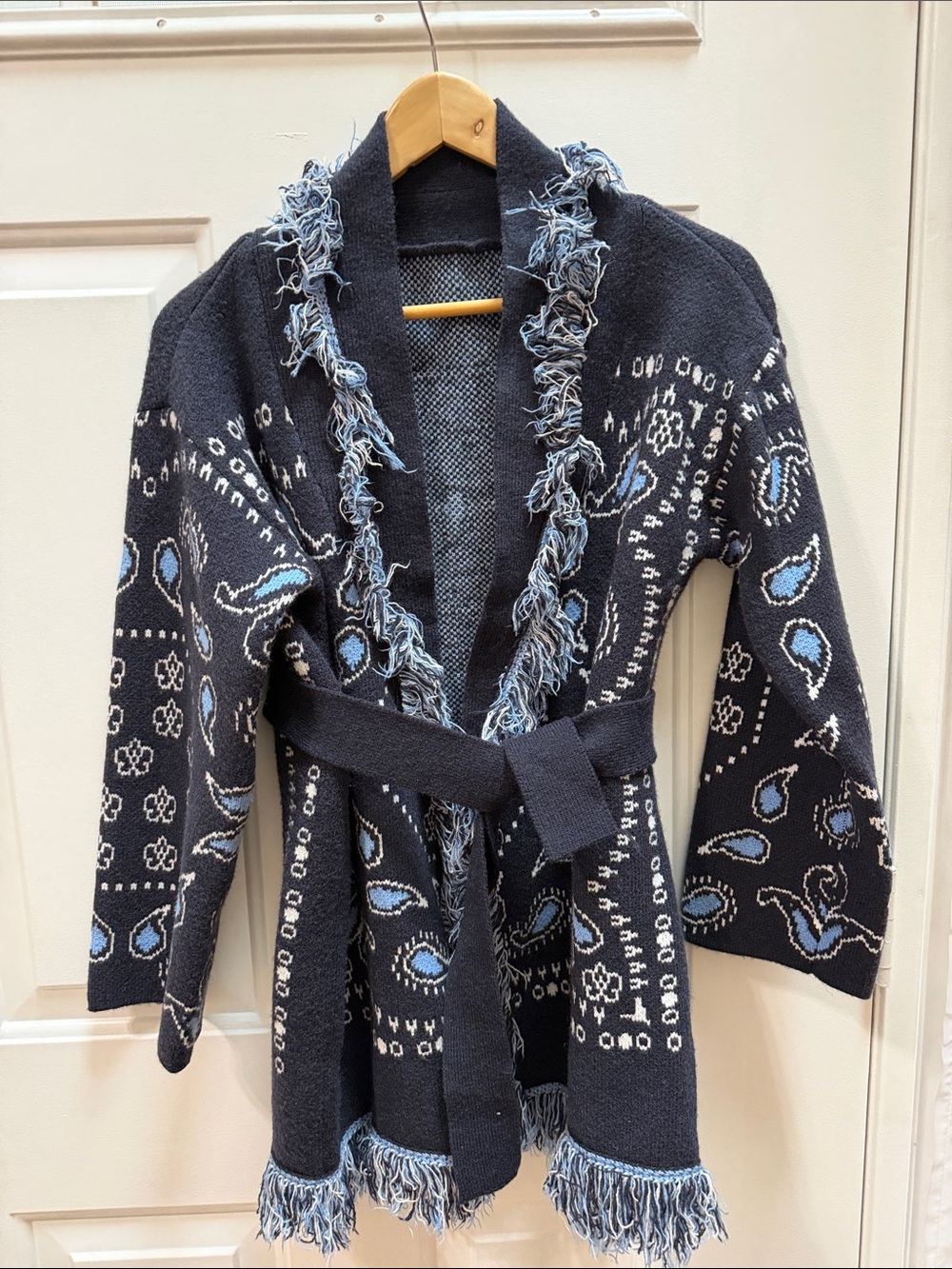 Fringed Navy Open-Front Knit Cardigan Coat, size S